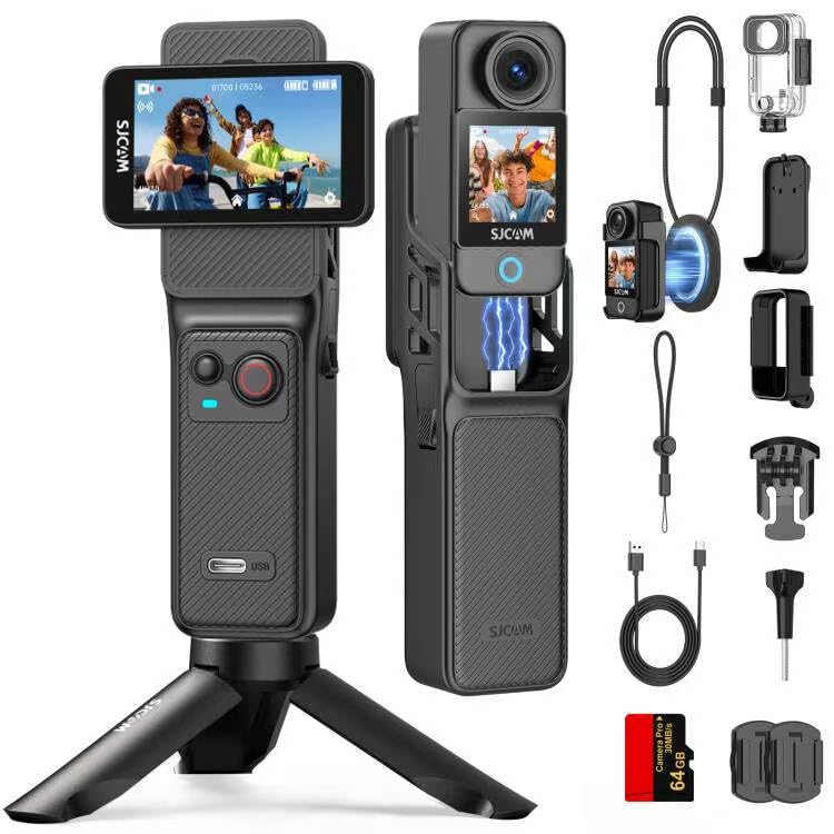 SJCAM C400 Vlogging Creators Combo, with 64GB Card, 4K Pocket Handheld Action Camera, 7H Power, 6-Axis Stabilisation, Waterproof, 2.29'' Touch Screen Travel Video Camera for Recording, Camcorder