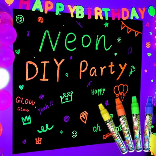 Mega-L Glow In The Dark Party Supplies, Neon DIY party decorations with 4 fluorescent colored pens, Let’s Glow Photography Background Birthday Sleepover Graffiti Black Light Photo Booth (7.8x6.8 feet)