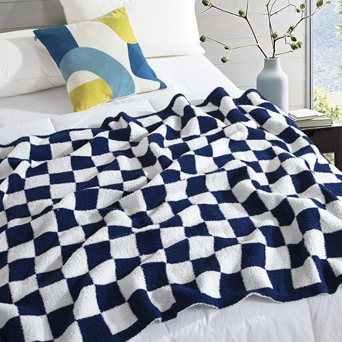 Image of Elegant Comfort Checkered Throw Blanket, Navy Blue Super Soft Cozy Fluffy Warm Throw Blankets for Couch, Sofa, Chair, Bed, Camping, Picnic, Travel Lightweight Bed Blanket (50 inch x 70 inch)