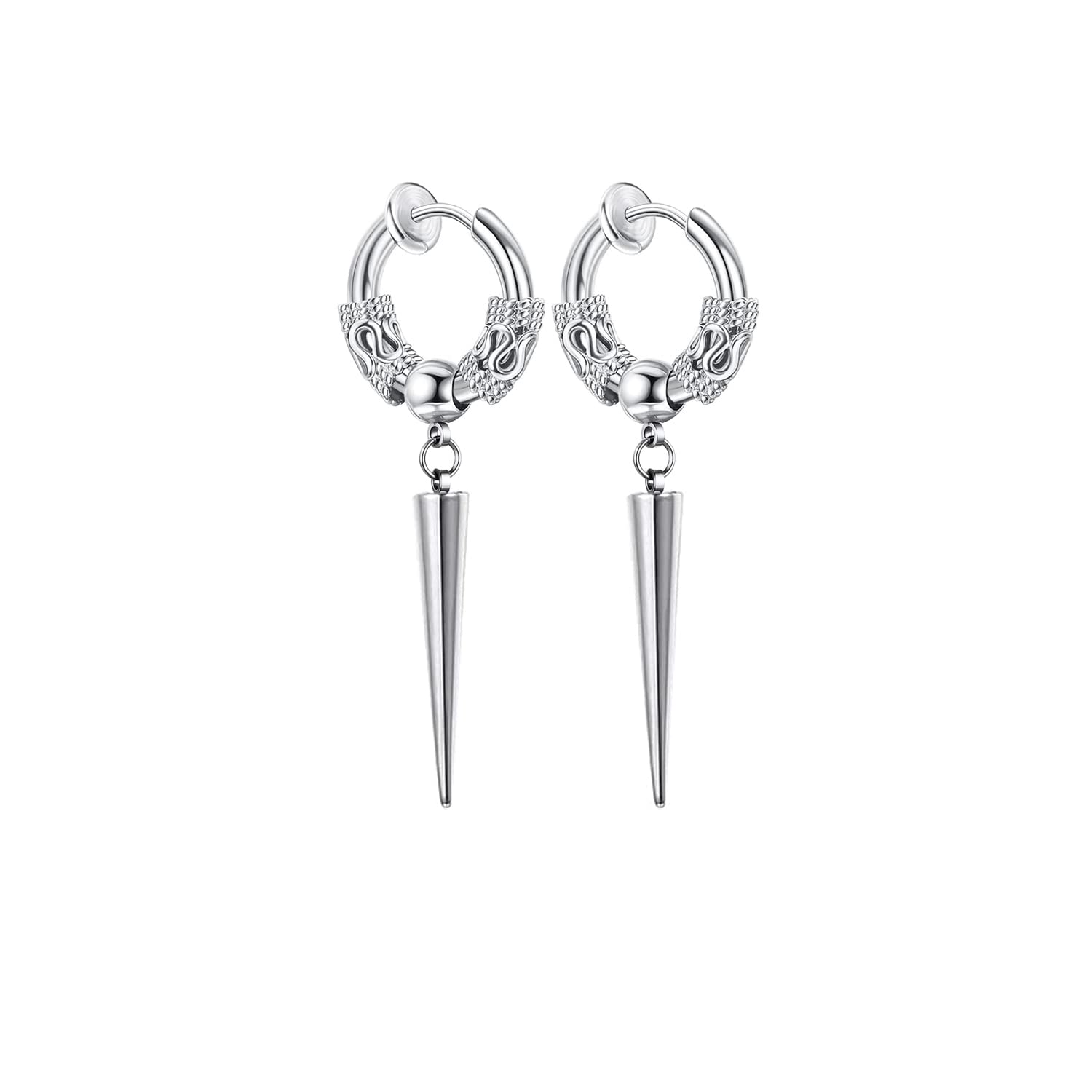 Gothic Punk Silver Stainless Steel Non Pierced Long Spike Awl Dangle Drop Clip on Hoop Earrings Non-Piercing Jewelry Viking Dragon-Shaped Earring Gift