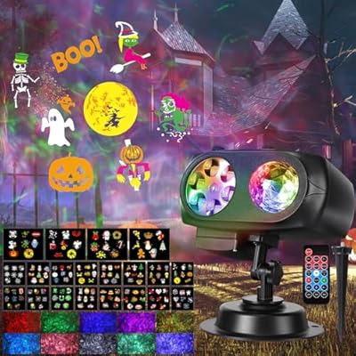 LUNSY Halloween Decorations Projector Lights Outdoor 2024 Upgrade, 20 Cards & 3D Wave Waterproof Projector Lights with Remote Control, Suitable for Various Halloween Christmas Festival Party