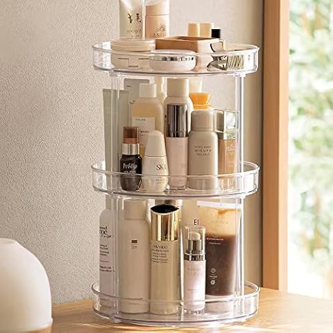 GLAMFORT Makeup Organizer for Vanity,360 Degree Rotating Perfume Organizer,Acrylic Make up Organizers and Storage for Bedroom Bathroom Dresser(SMALL,3T) Cover