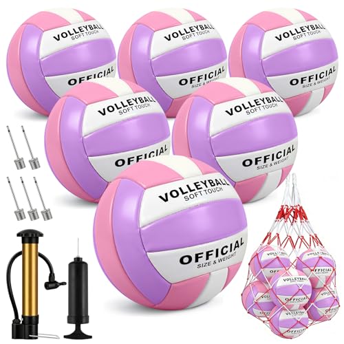 6 Pack Volleyballs Official Size 5 Waterproof Soft Volleyball With Pump and Net Bag for Indoor Outdoor Beach Pool Water Gym Training - Competition Volley Ball for Training Match for Beginner