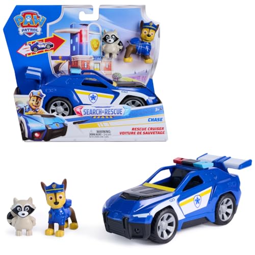 PAW PATROL - Search & Rescue: Chase' Rescue Cruiser, Polizei-Fahrzeug mit Rückziehmotor, ca. 15 cm, inkl. Hunde-Figur & Waschbär, detailgetreues Design zur Serie, Spielzeug ab 3 Jahren