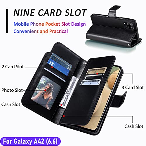 LMDAMZ for Galaxy A42(5G) 6.6 Inch Wallet Case [3+ Card Slots] ID Business Card Credit Card Slot Carry Pouch with Stand Double Sided Multi-Card Slot Flip Folding PU Wallet Leather Case (Black)