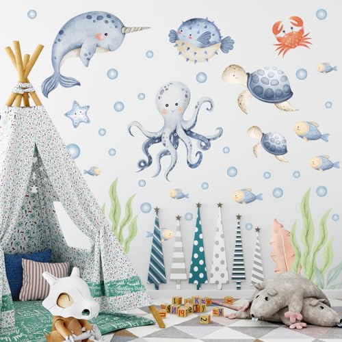 Image of Under The Sea Whales Wall Decal Stickers，Wall Sticker for Children's Room Underwater World,Ocean Watercolor Wall Sticker ，oastal Ocean Hippocampus Octopus Turtle Fish Nursery Decoration.