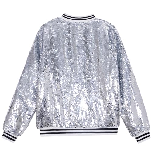 A ARFAR Women Sequin Jackets Flip Striped Collar Glitter Varsity Striped Bomber Sparkly Coat Party Outwear Ladies Shiny Cloth2
