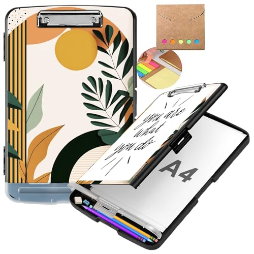Clipboard with Storage,Heavy Duty Plastic Nursing Clipboard Foldable,High Capacity Storage Clipboard Folder Case for Coaches Nurse Teacher Office School Supplies- Abstract Boho Sun Leaves