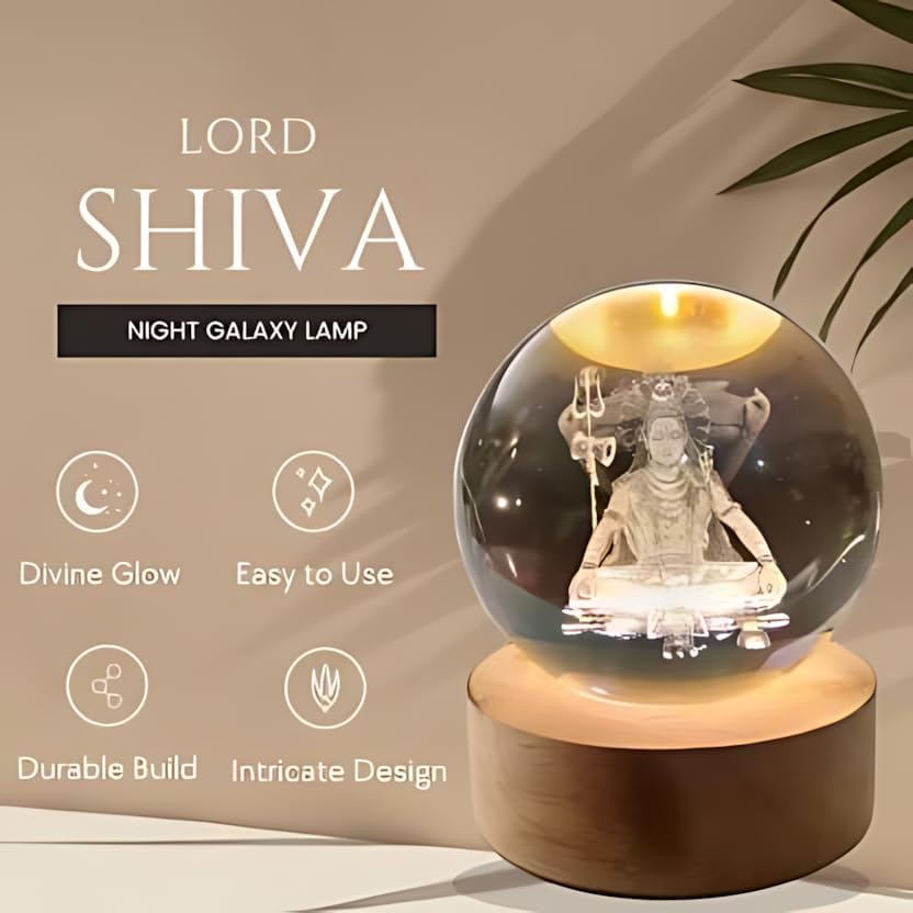 Image of 3D Mahadev Crystal Ball LED Night Lamp, Lord Shiva Design with Wooden Base, Spiritual Table Lamp for Home Temple, Gift for Devotees (Mahadev)
