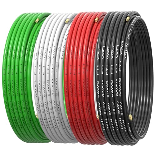 6 AWG Gauge THHN Stranded Copper Wire - 6 AWG Black Red White with 8 AWG Green Ground Copper Wire Rated up to 600V Building Wire for Residential Commercial Industrial HVAC Systems (25FT)