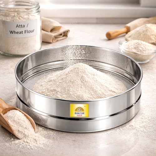 Image of Rakesh Gold Large Stainless Steel Atta & Suji Chalni | Fine Mesh Steel Sieve | Heavy Duty Food Grade Kitchen Channi | Premium Stainless Steel Flour Sieve (Regular Size, Atta and Suji CHALNI)
