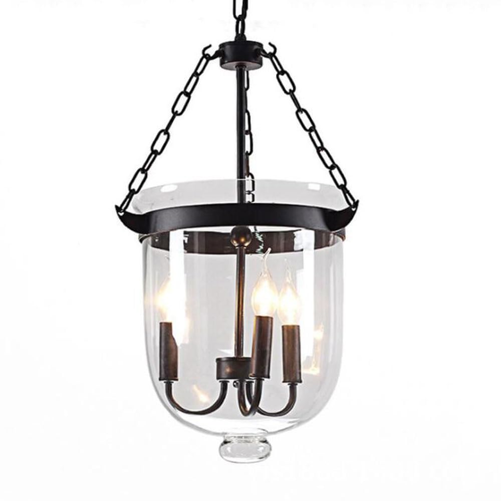 Bloohk One Color 3-Light Glass Bell Jar Chandelier, Industrial Farmhouse Pendant Light With Clear Glass Shade, Black Metal Hanging Lantern For Kitchen Island, Entryway, Foyer