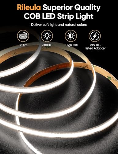 Image of COB LED Strip Lights 6000K Cold White DC24V with UL Listed Adapter | 16.4ft CRI90+ Dimmable Flexible LED Tape Light with Music Sync App RF Remote Control for Living Room Ceiling Cabinet Lighting
