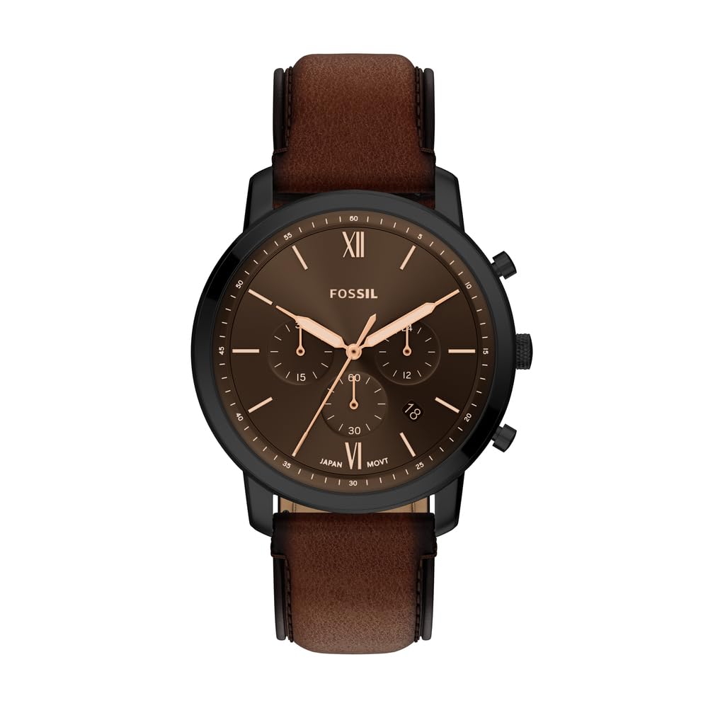 Fossil Armbanduhr Herren 44-mm Gehäuse, schwarzes Sunray Zifferblatt, braunes Lederband, Chronograph