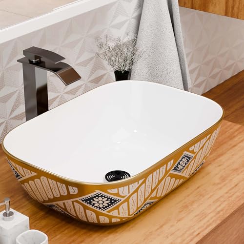 Image of Inart Wash Basin - Table Top Basin, Counter Top Wash Basin for Bathroom, Modern Ceramic Tabletop Sink Washbasin Design for Living Room, Dining Hall, Washrooms - 45 X 32 X 13.5 cm, Gold