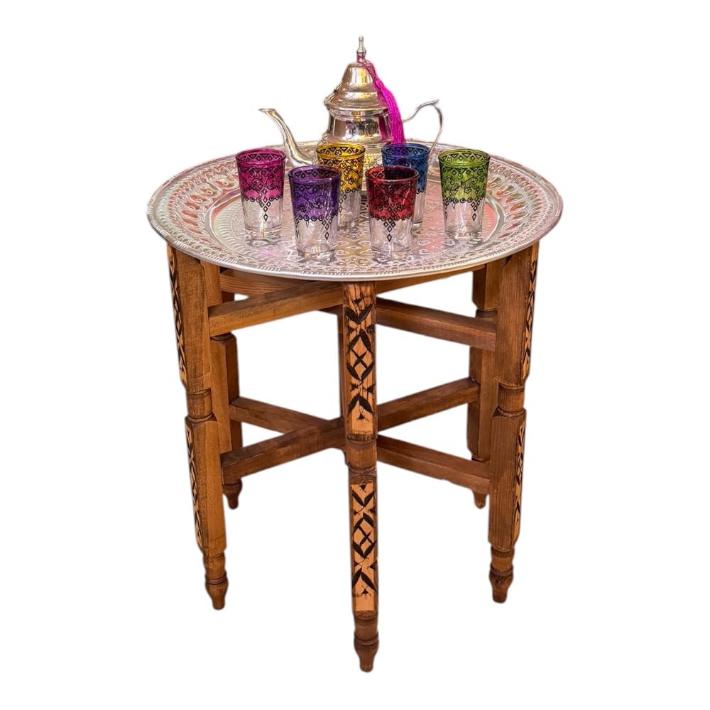 Tavolino Marocchino Artigianale in Legno di Cedro Pieghevole con Vassoio in Alluminio Cesellato a Mano, Ø 46 x H 51 cm