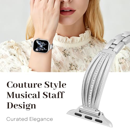 Image of AIRSPO Slim Gold Band Compatible with Apple Watch 38mm 40mm 41mm 42mm 44mm 45mm 46mm Women Thin Metal Strap Dressy Jewelry Bracelet with Bling Diamond for iWatch Bands Series 11 10 9 8 7 6 5 4 3 SE (Silver-02, 42mm /44mm /45mm /49mm /46mm(Series 10))