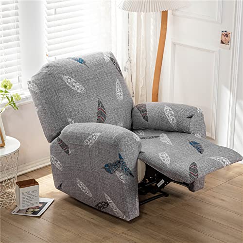 FANSU Housse de Fauteuil Relax Extensible 1 Place, Élégant Impression Housse de Fauteuil Relax Inclinable Electrique avec Poche, Lavable Protege de Meubles pour Canapé (Plumes Grises)