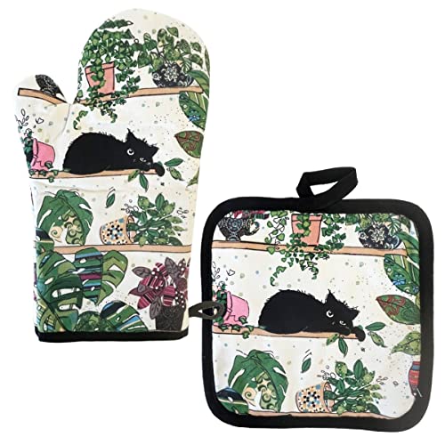 Set Gant et manique pour la Cuisine - Motif Chat avec des Plantes