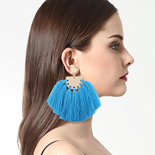 DZT1968 Women girl Bohemian Handmade Tassel Fringe Dangle Stud Earrings Jewelry (Blue)