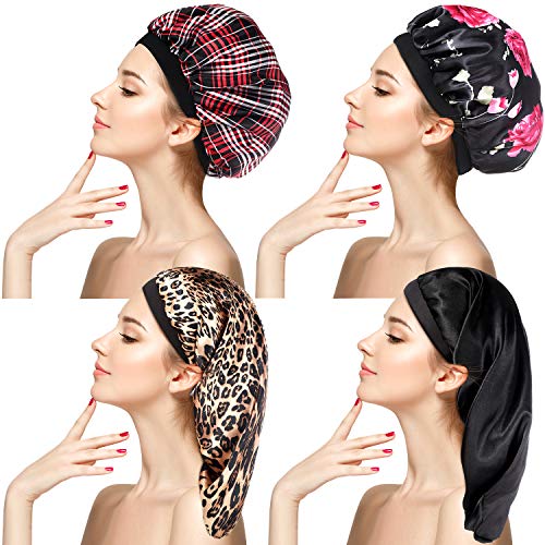 2 Pieces Long Satin Bonnet Sleep Caps and 2 Pieces Round Satin Bonnet Sleeping Cap Head Hat Covers for Women Girls (Black, Leopard Print, Floral, Plaid)