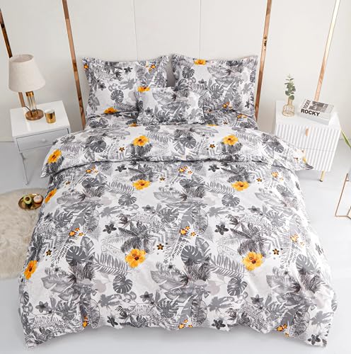 KUMY Juego de Funda Nórdica 5 Piezas: Funda nórdica,2 Fundas de Almohada, Funda de Cojín y Sábana Bajera- Estilo y Comodidad Total (Cama 150x190/200 + 240x220 + 2*(50x70) + 30x50, Hojas)