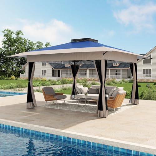COBANA 13x13 Ft Pop Up Gazebo, Outdoor Gazebo with Mosquito Netting, Canopy Tent for Patio, Garden, Backyard, Blue & Beige -  HS-GZN04