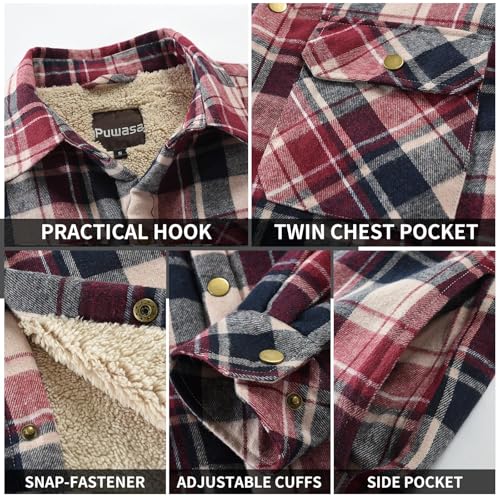 Image of Men's Sherpa Cotton Flannel Shirt Jacket Plaid Button Coat Pocket