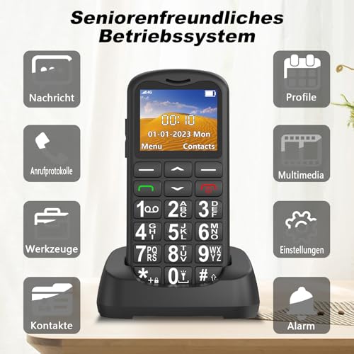 CHAKEYAKE 4G Seniorenhandy Mobiltelefon Ohne Vertrag mit Große Tasten, Senioren Handy mit USB-C, 1.7 Zoll LCD,Rentner Handy Großtastenhandy mit SOS-Funktion, Taschenlampe, Ladestation