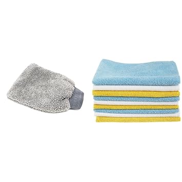 AmazonBasics Microfiber Car Wash Mitt and AmazonBasics CW190423C Microfiber Cleaning Cloth - 222 GSM (Pack of 48)