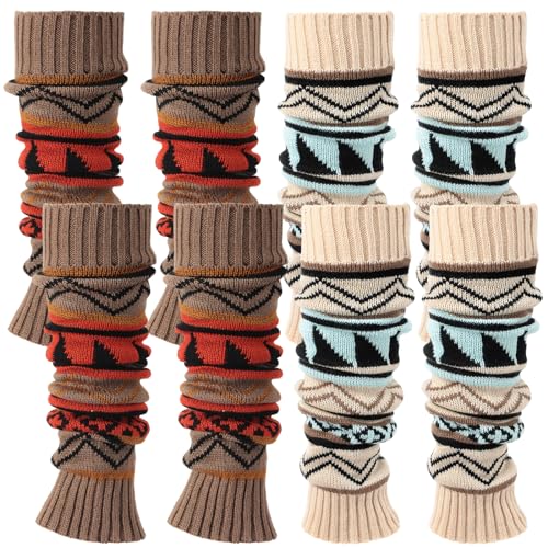 Image of 4 Pairs Boho Knit Leg Warmers for Women, Thick Boot Cuffs, Footless Long Bohemian Winter Leg Warmers for Girl, 2 Colors