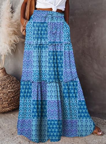 Image of Happy Sailed Womens Floral Print Boho Maxi Skirt Elastic High Waist Pleated Ruffle Flowy Long Skirts S-XL