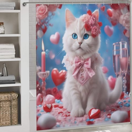 Rideau de douche lavable anti éclaboussure tissu polyester chat mignon - 2