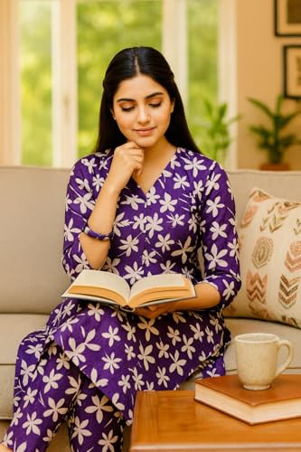 Image of Vlazom Women's 3-Piece Cotton Cord Set with Matching Bag | Floral Printed Co-Ord Set with Kurta Top & Pants | Ethnic Cotton Coord for Women