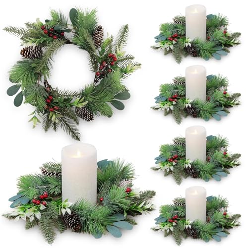 Image of 6 PCS Christmas Candle Rings Wreaths Small Christmas Norfolk Pine Wreaths with Berries Pinecone Mini Snowy Pine Wreath Cedar Candle Ring Holder for Table Centerpiece Cabinets Fireplace Windows Door