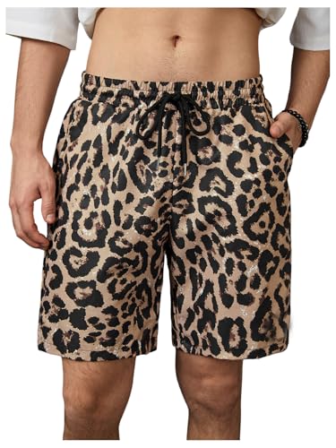 OYOANGLE Men's Leopard Graphic Print Adjustable Elastic Waist Drawstring Workout Shorts