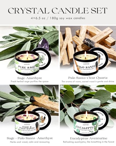 Image of AOOVOO 4 Pack Sage Candles - Sage, Palo Santo, Sage & Palo Santo, Eucalyptus Mint Candle Set with Crystals & Decor, 26oz 200 Hours Long Lasting, Non Toxic Candles for Spiritual House Energy Cleansing