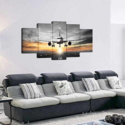 Levvarts 5 Piece Wall Art Flying Over Runway At Sunset Picture Canvas Prints Modern Office Living Room Aircraft Poster Wall Decor Gallery Canvas Wrapped Ready To Hang #TOP3