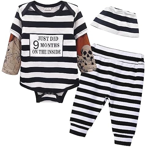 Xuomuen Baby Boy 12-18 Months Costumes Outfits Halloween Newborn Infant Fake Tattoo Sleeve Stripe Clothes for Pretend Prisoner Convict Jail Jailbird Inmate Fugitive Cover