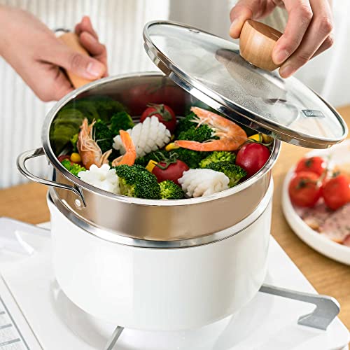 Rockurwok Ceramic Nonstick Sauce Pan, 2.5 Qt Pot With Steamer, Non Toxic & Pfas-Free, Wooden Handle For Cool Touch, Universal Base(Gas, Electric & Induction), White #TOP5