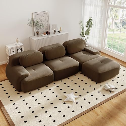 Canapé d'angle convertible moderne de 298 cm avec pouf, canapé modulaire en velours côtelé en forme de L, canapé compressé de 3 à 6 places pour salon, assise extra profonde, aucun assemblage requis