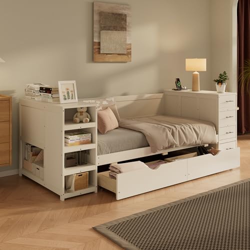 LZ LEISURE ZONE Twin Size Daybed with Side Shelves & Drawers, Wooden Storage Bed with Multi-Functional Desk and Charging Station, White