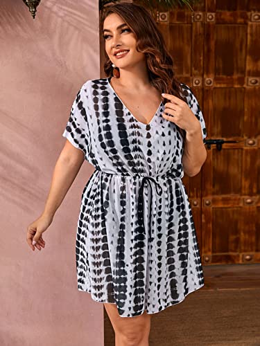 Milumia Women's Plus Size Swim Coverup Tie Dye Drawstring Bikini Cover Ups Beachwear Black And White 3X-Large Plus #TOP2