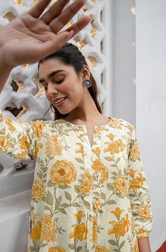 Image of Janasya Women's Pure Cotton Floral Printed A-Line Tunic