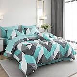 Bedbay Teal Comforter Set with Sheets Lightweight Summer Comforter Queen Size Bed in a Bag Geometric Chevron Bed Set Bedroom Decor Aesthetic Grey and Turquoise Down Comforter Set (Teal&Grey,Queen)