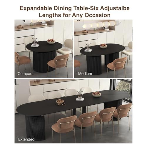 Image of 44 in-132 in Extendable Round Dining Table for 4-12, Long Large Expandable Kitchen Table with Fluted Base, Space Saving Modern Farmhouse Oval Dinner Tables for Dining Room, Kitchen, Living Room, Black