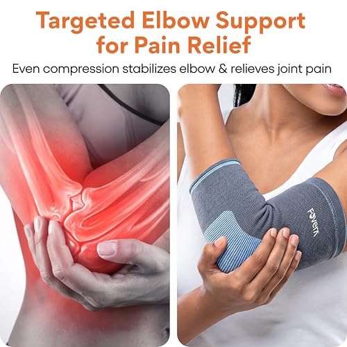 Image of FOVERA Elbow Support Compression Sleeve for Tennis Elbow, Golfer's Elbow, Tendonitis Pain Relief | Ideal for Workout, Tennis, Volleyball, Cricket for Men & Women (Size - XL, 1 Pair, Grey)