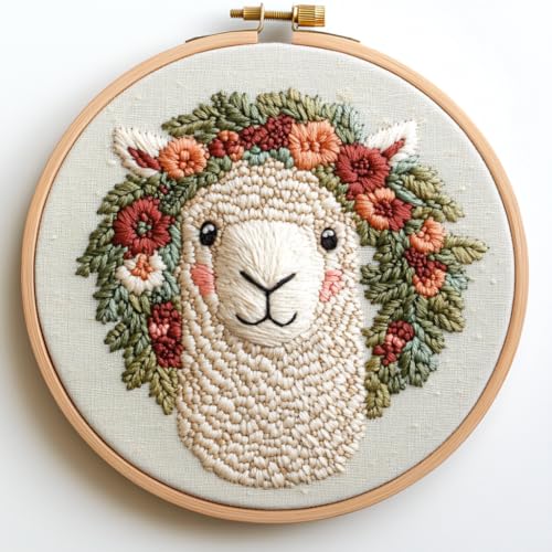 Image of Punch Needle Kit for Beginners, Punch Stitching Kit for Adults, Needle Punch Kits for Adults, DIY Embroidery Set Featuring Alpaca Wearing a Headband for Creative Crafts & Gifts