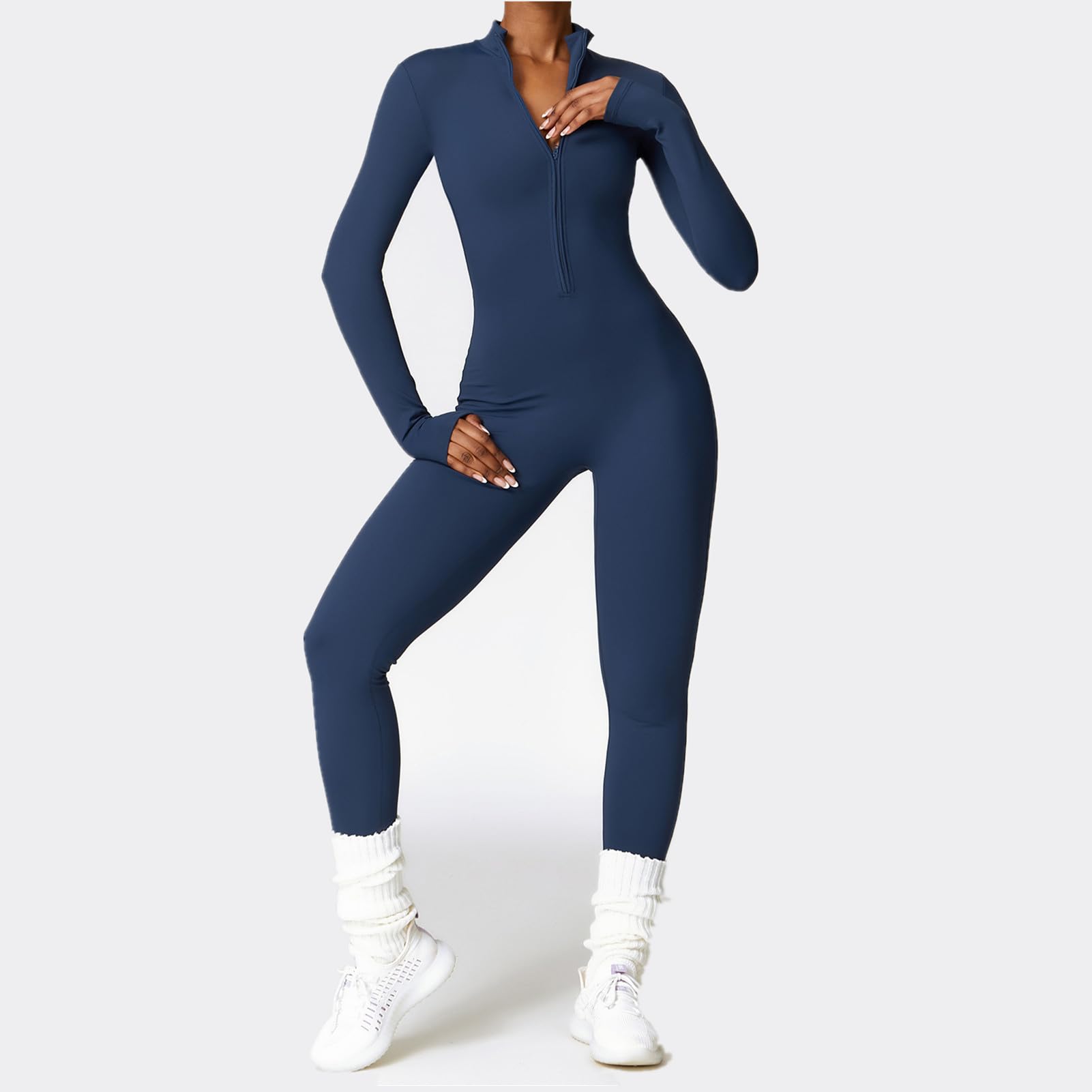 Damen Sport Jumpsuit Lang Eng Yoga Overall Langarm V-Ausschnitt Playsuits Mit Reißverschluss Jogging Strampler Hosenanzug Trainingsanzug