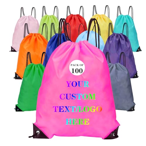 Custom Bags With Your Logo Set of 100 Custom Backpack Draw String Bags Pack Bulk for Travelling Swimming Gym Everyday Use (Peach)